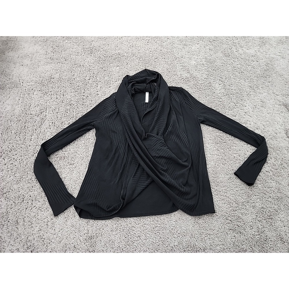 Fabletics Wrap Top Womens Small Black Ribbed Long Sleeve Draped Crossover